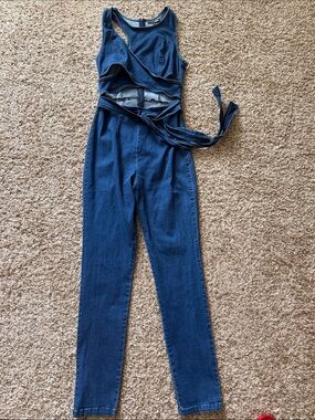 Fashion Nova Dark Blue Denim Cutout Jumpsuit